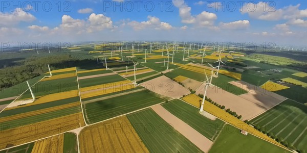 Aerial view, wind park and wind farm, wind turbine, wind turbines and tiled meadows and fields near Meerhof, earth globe, fisheye image, fisheye image, 360 degree image, tiny world, little planet, fisheye image, Meerhof, Marsberg, East Westphalia, North Rhine-Westphalia, Germany, wind park, wind farm, wind turbines, tiled meadows, fields, fisheye shot, renewable energies, landscape, green, agriculture, nature, technology, energy, power generation, sustainability, environment, futuristic, perspective, sky, clouds, rural, infrastructure, panorama, drone shot, aerial perspective, technology, top-down view