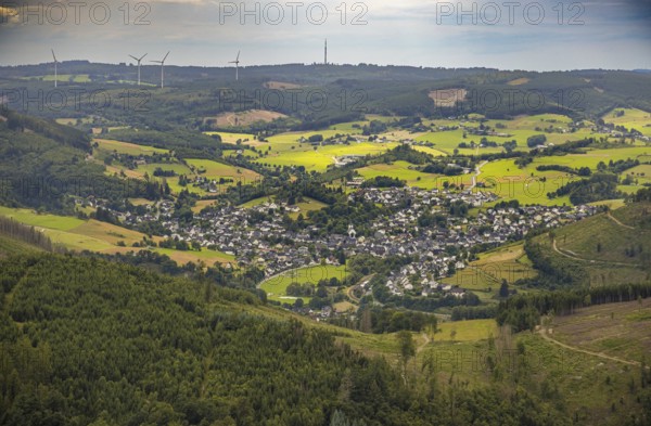 Aerial view, view of Feudingen in the valley, evang. Church and half-timbered houses, view of village and residential area, meadows and fields in hilly landscape, wooded area with forest damage, distant view, Feudingen, Bad Laasphe, Wittgensteiner Land, North Rhine-Westphalia, Germany, architecture, view, village, Protestant church, half-timbered houses, fields, buildings, greenery, hilly landscape, church, landscape, agriculture, nature, panoramic view, region, settlement, summer, valley, wooded area, forest damage, meadows, residential area, residential buildings, wooded, European, rural, picturesque