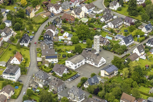 Aerial view, Bad Laasphe volunteer fire brigade equipment depot and tower, residential area on Puderbacher Strasse, Bad Laasphe, Wittgensteiner Land, North Rhine-Westphalia, Germany, architecture, service, roofs, emergency vehicles, development, fire station, volunteer fire brigade, building, community, equipment depot, infrastructure, institution, aerial view, emergency, perspective, Puderbacher Strasse, region, rescue, rescue service, protection, safety, settlement, town, streets, urban, technology, tower, environment, residential area, local, surveillance