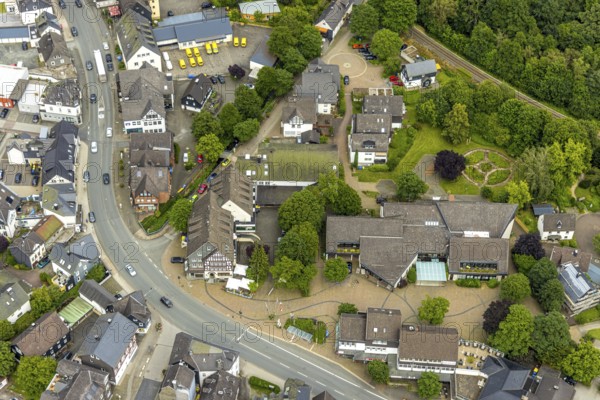 Aerial view, Mushroom Museum at Wilhelmsplatz, Bad Laasphe, Wittgensteiner Land, North Rhine-Westphalia, Germany, architecture, exhibition, education, botanical garden, building, green space, clear weather, context, culture, cultural site, museum, nature, mushroom museum, square, region, travel, sight, city centre, daytime, tourism, urban, landmark, Wilhelmsplatz, science