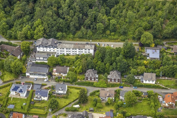 Aerial view, Panorama-Hotel Lahnblick, at the forest, Bad Laasphe, Wittgensteiner Land, North Rhine-Westphalia, Germany, architecture, view, viewpoint, trees, recreation, Europe, holidays, building, green, sky, hotel, Lahnblick, landscape, nature, panorama, region, travel, summer, city, structure, tourism, surroundings, accommodation, holiday, forest, rural
