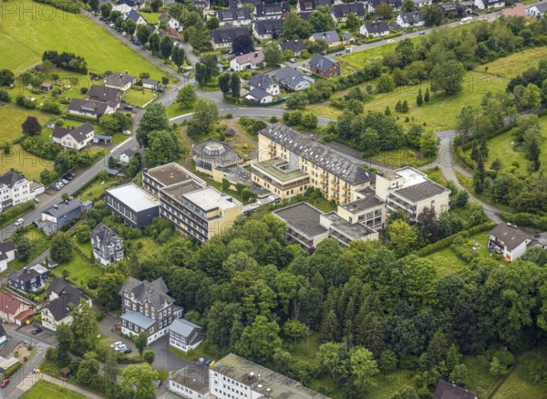 Aerial view, Schlossbergklinik HGC Kliniken GmbH, Schlossstraße, Bad Laasphe, Wittgensteiner Land, North Rhine-Westphalia, Germany, architecture, exterior view, trees, roofs, buildings, health, healthcare, HGC Kliniken GmbH, sky, infrastructure, institution, hospital, landscape, medical facility, nature, perspective, Schlossbergklinik, summer, city, streets, day, forest, European, rural, regional, overview