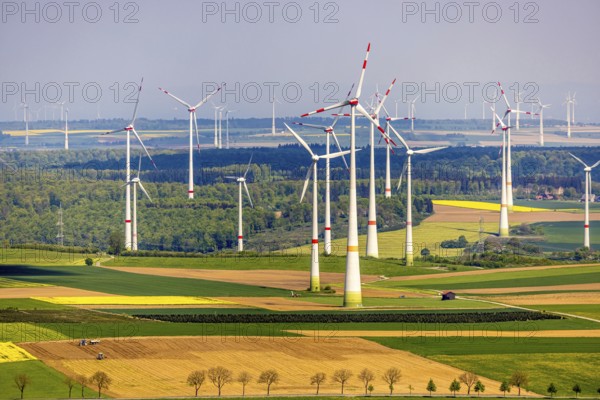 Aerial view, wind park and wind farm wind energy plant, wind turbines and rape fields near Radlinghausen, Messinghausen, Brilon, East Westphalia, Sauerland, North Rhine-Westphalia, Germany, wind park, wind farm, wind energy plant, wind turbines, rape fields, Radlinghausen, renewable energy, agriculture, landscape, energy production, environment, nature, fields, green, yellow, energy, electricity, rural, village, village life, sustainable energy, rural area, technology, infrastructure, aerial view, bird's eye view, wind power, climate, sustainability, windmills