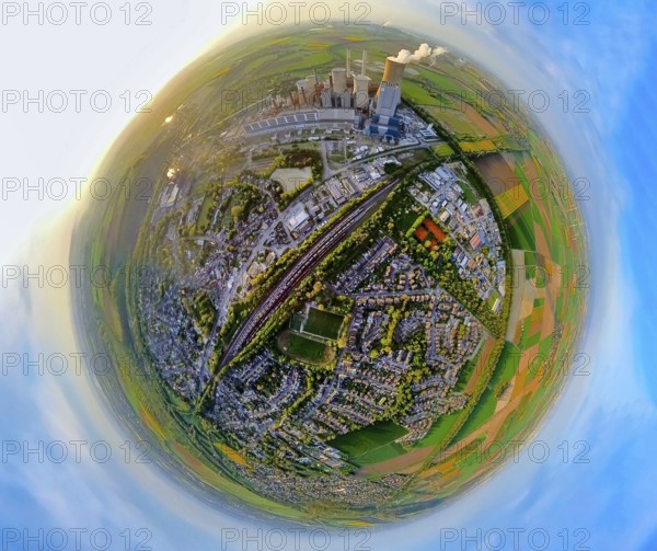 Aerial view, lignite-fired power plant Niederaußem, power plant site of RWE Power AG, cooling towers and clouds of smoke, view of residential area with goods station and Erftstolzstadion football stadium, earth globe, fisheye image, fisheye image, 360 degree image, tiny world, little planet, fisheye image, Niederaußem, Bergheim, Lower Rhine, North Rhine-Westphalia, Germany, lignite-fired power station, RWE Power AG, cooling towers, smoke clouds, residential area, goods station, Erftstolzstadion, football stadium, fisheye, fisheye shot, 360-degree shot, Tiny World, Little Planet, energy, power generation, environment, industry, city, infrastructure, transport, sport, technology, perspective, air pollution, architecture, urban, landscape