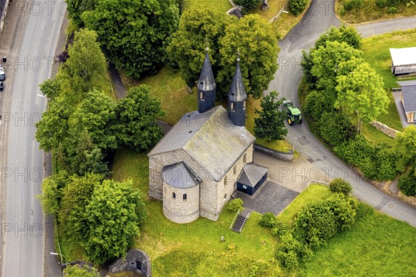 Aerial view, Banfe church in the village centre, green trees and tractor, Banfe, Bad Laasphe, Wittgensteiner Land, North Rhine-Westphalia, Germany, architecture, outdoor shot, Banfe church, village, vehicles, peacefulness, building, community, green trees, sky, church, landscape, agriculture, nature, village centre, region, religion, summer, street, daylight, tractor, historical, rural, picturesque, vegetation