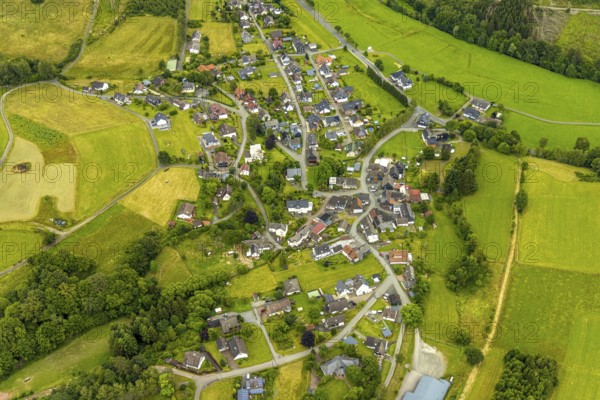 Aerial view, local view and residential area Herbertshausen, Bad Laasphe, Wittgensteiner Land, North Rhine-Westphalia, Germany, trees, roof, village, building, green, Herbertshausen, sky, houses, idyll, landscape, nature, local view, perspective, province, settlement, summer, streets, daytime, residential area, residential buildings, european, peaceful, rural, quiet, vegetation, overview