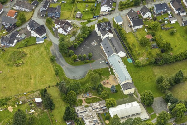 Aerial view, primary school Banfetalschule with schoolyard, gymnasium, Banfe, Bad Laasphe, Wittgensteiner Land, North Rhine-Westphalia, Germany, facility, architecture, Banfetalschule, education, educational centre, village, education, leisure, building, terrain, municipality, primary school, infrastructure, children, place of learning, location, aerial view, outdoor, perspective, school, schoolyard, pupils, sports hall, environment, rural
