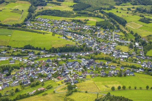 Aerial view, aerial view residential area Banfe, meadows and fields, Banfe, Bad Laasphe, Wittgensteiner Land, North Rhine-Westphalia, Germany, view, trees, village, village view, village life, fields, buildings, green, houses, idyll, landscape, nature, local view, panoramic view, region, settlement, summer, streets, daylight, environment, meadows, residential area, peaceful, agricultural, rural, quiet, vegetation