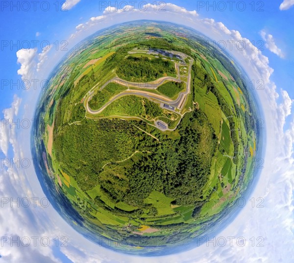 Aerial view, Bilster Berg race track, test track and presentation track, park-like terrain with paddock and off-road course, earth globe, fisheye image, fisheye image, 360 degree image, tiny world, little planet, fisheye image, Pömbsen, Bad Driburg, East Westphalia, North Rhine-Westphalia, Germany, test track, presentation track, paddock, off-road course, park-like, terrain, race track, car test, panorama, scenic, motorsport, car, architecture, infrastructure, natural landscape, vehicle, forest, meadow, track, innovative, modern, circuit, aerial view, sport, leisure