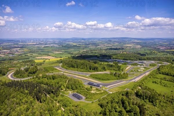 Aerial view, Bilster Berg race track, test track and presentation track, park-like terrain with paddock and off-road course, Pömbsen, Bad Driburg, East Westphalia, North Rhine-Westphalia, Germany, Bilster Berg, race track, test track, presentation track, park-like, paddock, off-road course, terrain, motorsport, nature, green spaces, vehicles, routing, landscape, leisure, sport, outdoor, trees, forest, drivers, technology, infrastructure, venue, tourism, entertainment, hobbies, recreation
