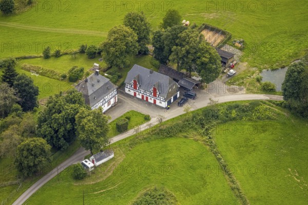 Aerial view, forester's lodge Homrighausen, hunting dogs, half-timbered house, Bad Berleburg, Wittgensteiner Land, North Rhine-Westphalia, Germany, architecture, exterior view, trees, village, half-timbered, forester's lodge, forestry, building, green, sky, Homrighausen, hunting, hunting dogs, classic, landscape, landscape conservation, nature, region, structure, animals, surroundings, bird's eye view, forest, historic buildings, rural, traditional