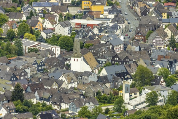 Aerial view, evang. Town church and church square in the town centre with historic half-timbered houses, Bad Laasphe, Wittgensteiner Land, North Rhine-Westphalia, Germany, Old Town, Architecture, Exterior view, Trees, Monument, Village, Europe, Half-timbered, Building, Community, Green trees, Idyllic, Church, church square, church tower, culture, landscape, town centre, region, religion, sight, settlement, summer, town, daytime, tourism, tradition, forest, protestant town church, peaceful, historic, historic half-timbered houses, rural, picturesque, regional, vegetation