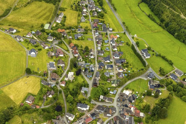 Aerial view, local view and residential area Herbertshausen, Bad Laasphe, Wittgensteiner Land, North Rhine-Westphalia, Germany, architecture, trees, village, roofs, leisure, building, community life, home, Herbertshausen, sky, houses, idyll, infrastructure, landscape, life, neighbourhood, nature, local view, settlement, summer, townscape, streets, day, environment, residential area, rural, overview