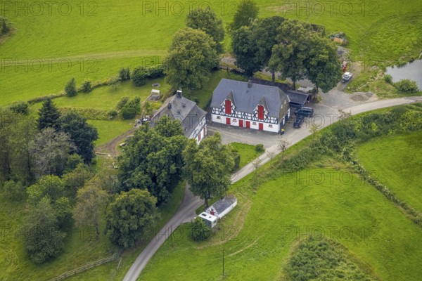 Aerial view, Homrighausen forester's lodge, hunting dogs, half-timbered house, Bad Berleburg, Wittgensteiner Land, North Rhine-Westphalia, Germany, architecture, roof, villages, conservation, forester's lodge, forestry, forestry, building, domestic animals, timber construction, Homrighausen, hunting, hunting dogs, culture, landscape, nature, tradition, environment, forest, European, historic buildings, rural, rural area, North German, regional