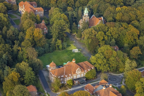 Aerial view, LVR Clinic, House of Economic Administration and Kitchen at Buchenweg roundabout, LVR Clinic Church, autumnal forest, Hau, Bedburg-Hau, Lower Rhine, North Rhine-Westphalia, Germany, architecture, exterior view, Buchenweg, trees, building, health care, autumn colours, infrastructure, institution, season, church, hospital, roundabout, culture, kitchen, landscape, foliage, aerial perspective, nature, region, religion, cityscape, urban planning, environment, forest, economic administration, European, autumnal, vegetation, public