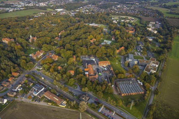 Aerial view, view LVR clinic in autumnal forest, Hau, Bedburg-Hau, autumnal forest, Lower Rhine, North Rhine-Westphalia, Germany, view, LVR clinic, clinic, hospital, forest, autumn, trees, foliage, landscape, architecture, healthcare facility, medical, building, nature, environment, province, region, perspective, colour transitions, seasonal, rural, sky, peaceful, structural, wooded, tranquillity, outdoor shot, overview, serenity
