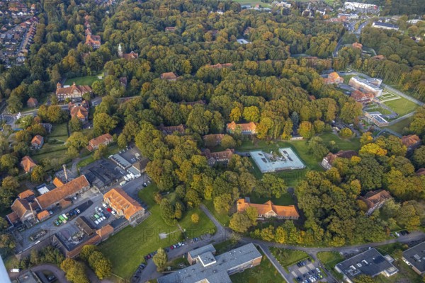 Aerial view, view LVR clinic in autumnal forest, new building, Hau, Bedburg-Hau, autumnal forest, Lower Rhine, North Rhine-Westphalia, Germany, view, architecture, exterior, trees, development, colourfulness, building, health facility, health care, autumn, infrastructure, season, clinic, LVR clinic, landscape, foliage, nature, panorama, structure, environment, bird's eye view, forest, peaceful, rural, calm atmosphere, vegetation