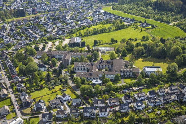 Aerial view, mountain monastery Bestwig, Sisters of St. Mary Magdalene Postel, vocational college, hotel accommodation, Bestwig, Sauerland, North Rhine-Westphalia, Germany, mountain monastery, hotel, accommodation, architecture, monastery, educational institution, ecclesiastical, religious, building, landscape, mountain landscape, panorama, overview, bird's eye view, rural, tourism, education, religion, spiritual, culture, faith, guest house, nature, monastery complex, hills, forests