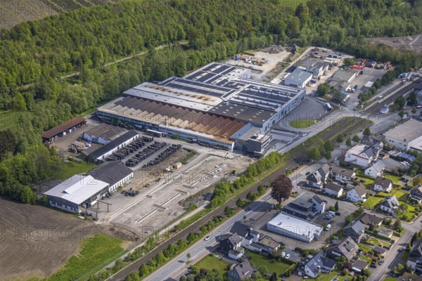 Aerial view, Bestwig M. bush GmbH plant, A46 motorway, Bestwig, Sauerland, North Rhine-Westphalia, Germany, plant, M. bush GmbH, industrial site, factory, road connection, building, infrastructure, production, business, technology, company, transport network, top view, geography, city, region, landscape, transport, industrial zone, road network, development, location, technology, economy, North Rhine, city view, production, aerial view
