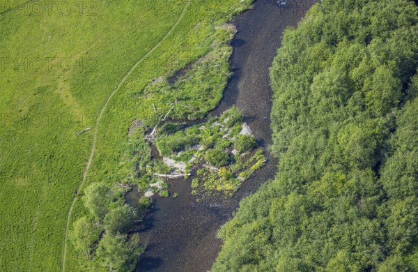 Aerial view, nature reserve Ruhrauen near Bestwig, river Ruhr and stones with grass bushes, Bestwig, Sauerland, North Rhine-Westphalia, Germany, nature reserve, nature reserve, Ruhrauen, river, Ruhr, stones, grass bushes, nature, landscape, protection zone, river bank, vegetation, water, environmental protection, conservation, green areas, biodiversity, ecosystem, aerial view, nature reserve, landscape protection, season, daylight, spring, summer, peaceful, panorama, nature photography, bird's eye view