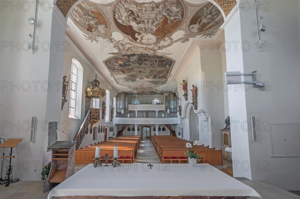 Interior of the Roman Catholic parish church of the Assumption of the Virgin Mary with organ loft and ceiling frescoes in Gebrazhofen, district of the large district town of Leutkirch im Allgäu, district of Ravensburg, Baden-Württemberg, Germany