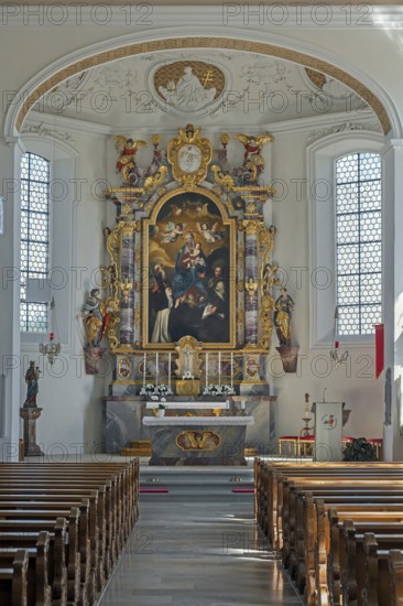 Main altar in the Roman Catholic parish church of the Assumption of the Virgin Mary in Gebrazhofen, part of the large district town of Leutkirch im Allgäu, Ravensburg district, Baden-Württemberg, Germany