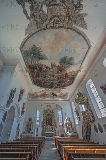 Interior of the Roman Catholic parish church of the Assumption of the Virgin Mary with ceiling frescoes in Gebrazhofen, district of the large district town of Leutkirch im Allgäu, district of Ravensburg, Baden-Württemberg, Germany