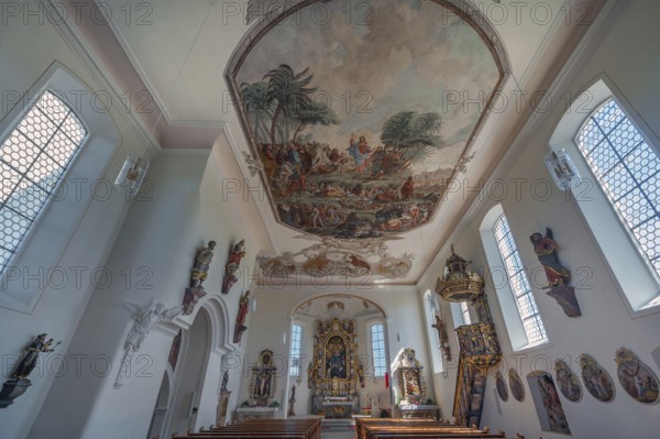 Interior of the Roman Catholic parish church of the Assumption of the Virgin Mary in Gebrazhofen, district of the large district town of Leutkirch im Allgäu, district of Ravensburg, Baden-Württemberg, Germany