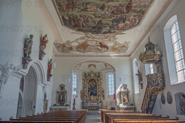 Interior of the Roman Catholic parish church of the Assumption of the Virgin Mary with ceiling frescoes in Gebrazhofen, district of the large district town of Leutkirch im Allgäu, district of Ravensburg, Baden-Württemberg, Germany