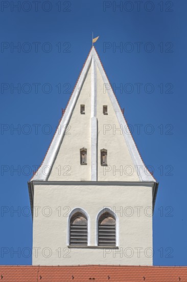 Pointed gable tower of the Roman Catholic parish church of the Assumption of the Virgin Mary in Gebrazhofen, district of the large district town of Leutkirch im Allgäu, district of Ravensburg, Baden-Württemberg, Germany