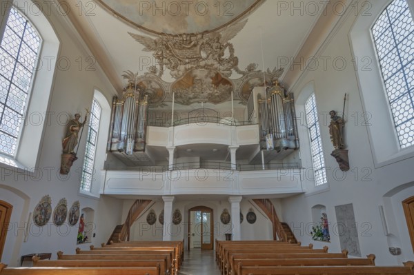 Interior of the Roman Catholic parish church of the Assumption of the Virgin Mary with organ loft and ceiling frescoes in Gebrazhofen, district of the large district town of Leutkirch im Allgäu, district of Ravensburg, Baden-Württemberg, Germany