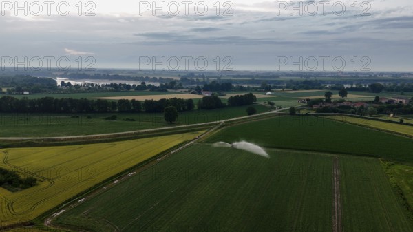 Aerial view of sophisticated sprinkler irrigation systems nurturing lush green soybean crops across expansive agricultural fields during a vibrant springtime in the fertile Po Valley region of Northern Italy showcasing modern farming techniques for efficient water distribution