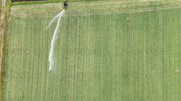 Aerial view of a large agricultural field with a rain gun sprinkler system irrigating young soybean plants in the Po Valley Italy during a warm springtime season