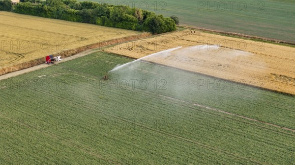 Intensive agricultural irrigation systems using rain gun sprinklers on young soybean crops in the fertile Po Valley during a warm springtime in Northern Italy benefiting from advanced farming techniques for optimal growth and yield under cultivation