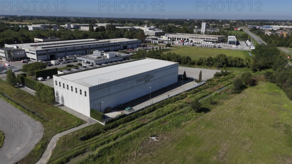 Cremona, Italy August 22nd 2025 Aerial shot revealing modern data center facility, highlighting sleek architectural design and cutting edge technological infrastructure for cloud computing services