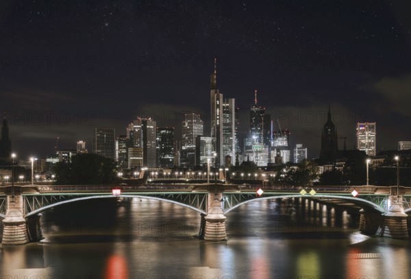 Frankfurt skyline at night over the Main, illuminated under the stars, city centre, Frankfurt am Main, Hesse, Germany
