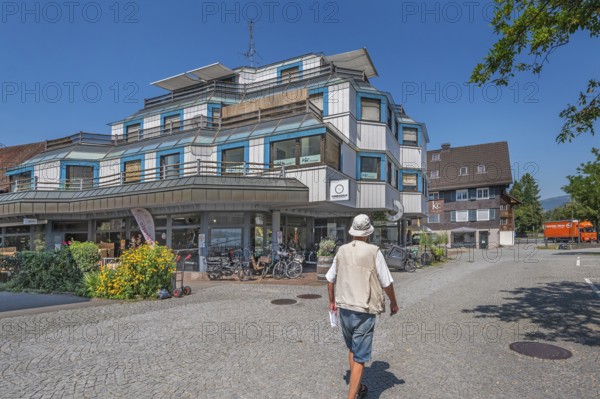 Blue-grey interlocking façades with awnings, Dornbirn, Vorarlberg, Austria