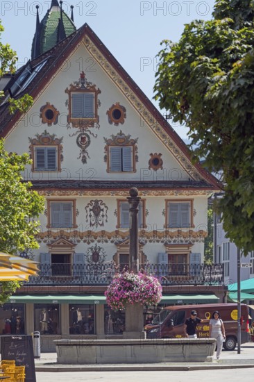 The Steinhauser or Johann Luger House on the market square with fountain, Dornbirn, Vorarlberg, Austria