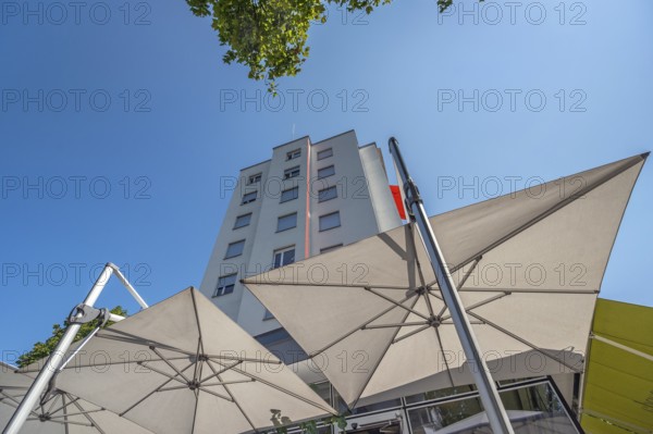 Light grey sunshades in front of a high-rise building, Dornbirn, Vorarlberg, Austria