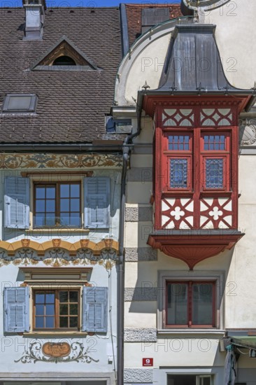 Detail with bay window, the Steinhauser or Johann Luger House on the market square, Dornbirn, Vorarlberg, Austria