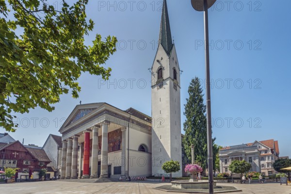 The Roman Catholic parish church of St Martin, entrance with a monumental Ionic temple façade with six free columns and classical pediment triangle, Dornbirn, Vorarlberg, Austria