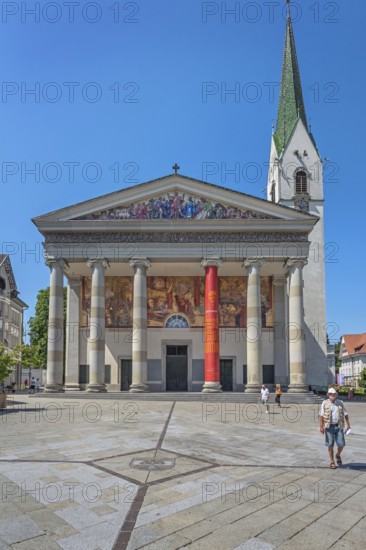The Roman Catholic parish church of St Martin, entrance with a monumental Ionic temple façade, with six free columns and classical gable triangle and large fresco, Dornbirn, Vorarlberg, Austria
