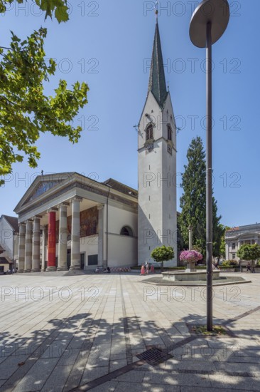 The Roman Catholic parish church of St Martin, entrance with a monumental Ionic temple façade with six free columns and classical pediment triangle, Dornbirn, Vorarlberg, Austria