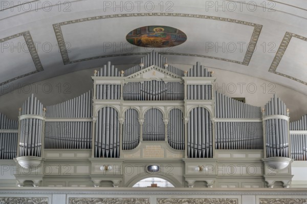 The Roman Catholic parish church of St Martin, interior with organ loft, Behmann organ and ceiling fresco Dornbirn, Vorarlberg