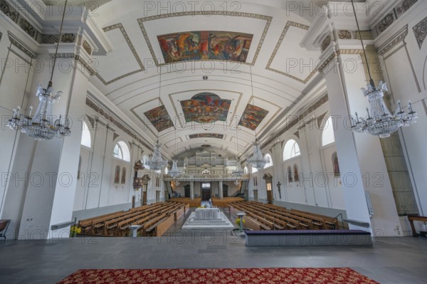 The Roman Catholic parish church of St Martin, interior with organ loft, Behmann organ and ceiling frescoes, Dornbirn, Vorarlberg