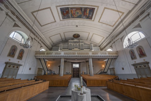 The Roman Catholic parish church of St Martin, interior with organ loft, Behmann organ, ceiling frescoes and baptismal font, Dornbirn, Vorarlberg