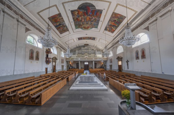 The Roman Catholic parish church of St Martin, interior with organ loft, Behmann organ and ceiling frescoes Dornbirn, Vorarlberg