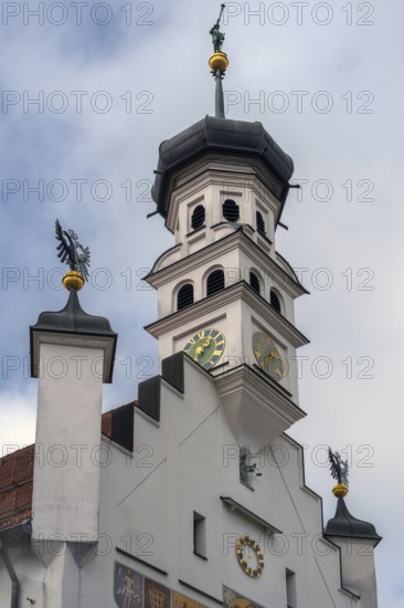 Town hall tower with clocks, metal eagles, Justitia and bronze trombone blower, Kempten, Allgäu, Bavaria, Germany