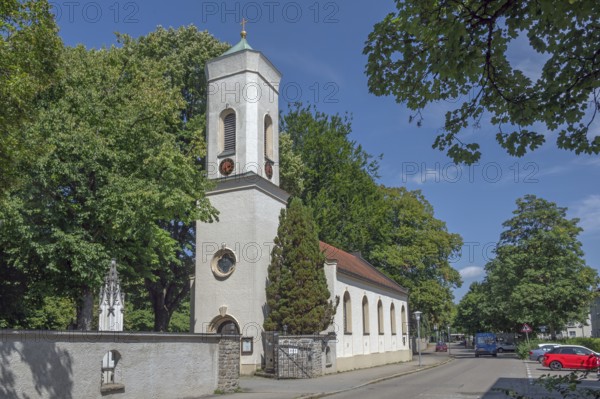 In 1817 the cemetery was given a chapel with a small tower, 1839 tower enlargement, Catholic cemetery, Kempten, Allgäu, Bavaria, Germany