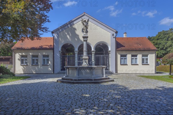 Funeral parlour with fountain and angel, Catholic cemetery, Kempten, Allgäu, Bavaria, Germany